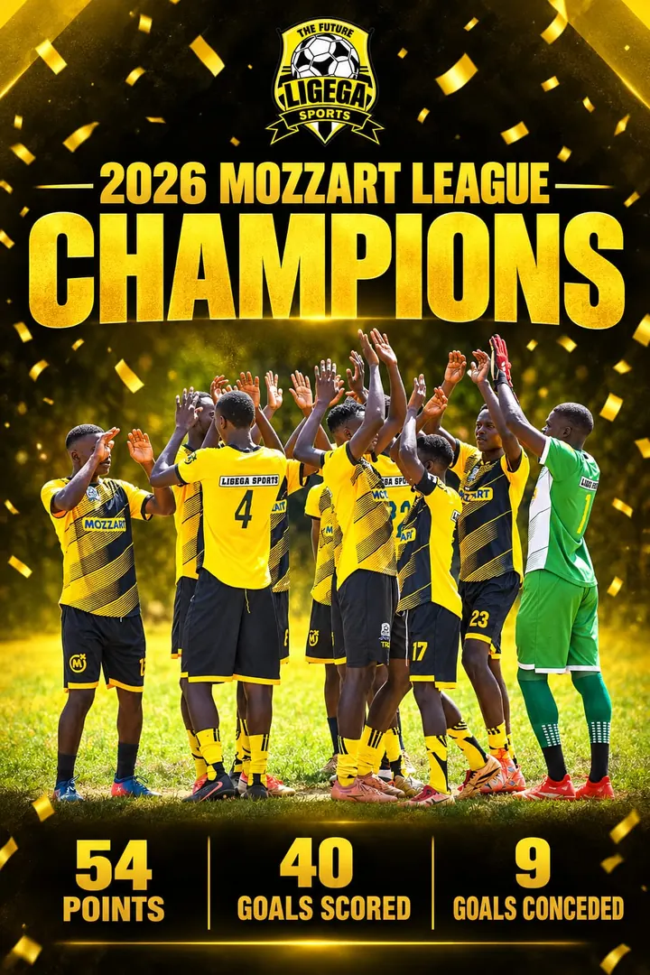 Ligega Sports poster: 2026 Mozzart League Champions. The players in yellow and black kit raise their hands together on the pitch under falling gold confetti. Below them: 54 points, 40 goals scored, 9 goals conceded.